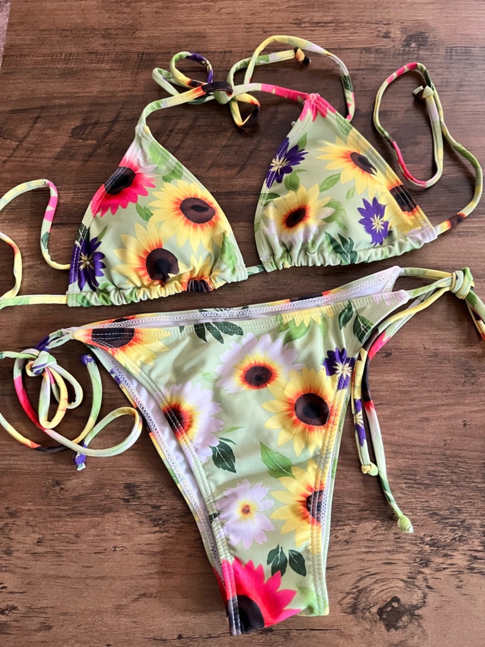 Floral Sunflower Halter Side Tie Bikini Set - Picture 2 of 9